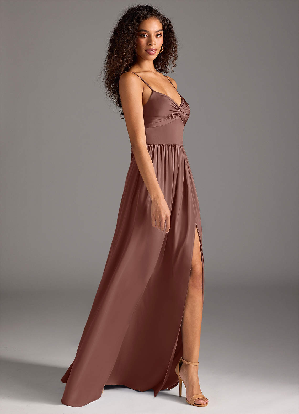 Azazie Zeya Vestidos de madrinha de casamento Vestir Café Expresso de Cetim elástico de Linha A com Plissado image5