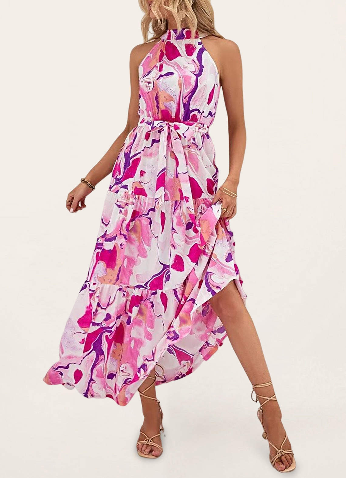 Best Times Pink Floral Print Halter Maxi Dress Dresses | Azazie