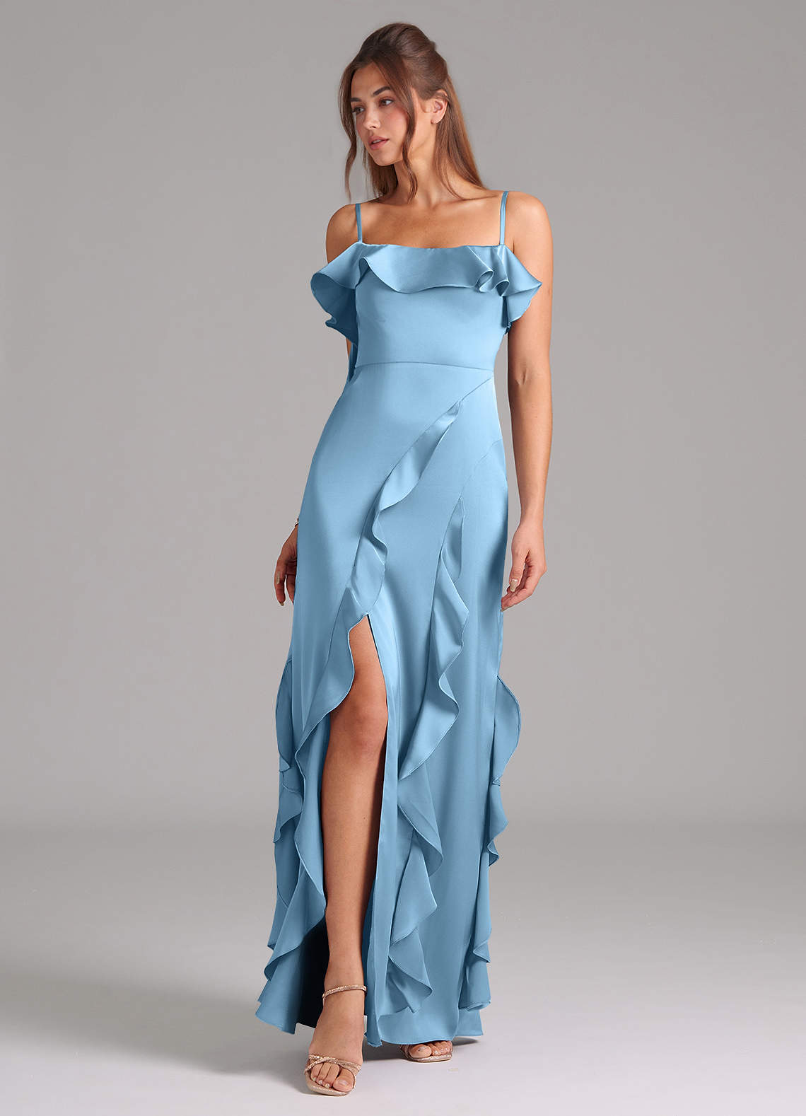 Azazie Malia Bridesmaid Dresses Steel Blue A-Line Side Slit Stretch Satin Dress image1