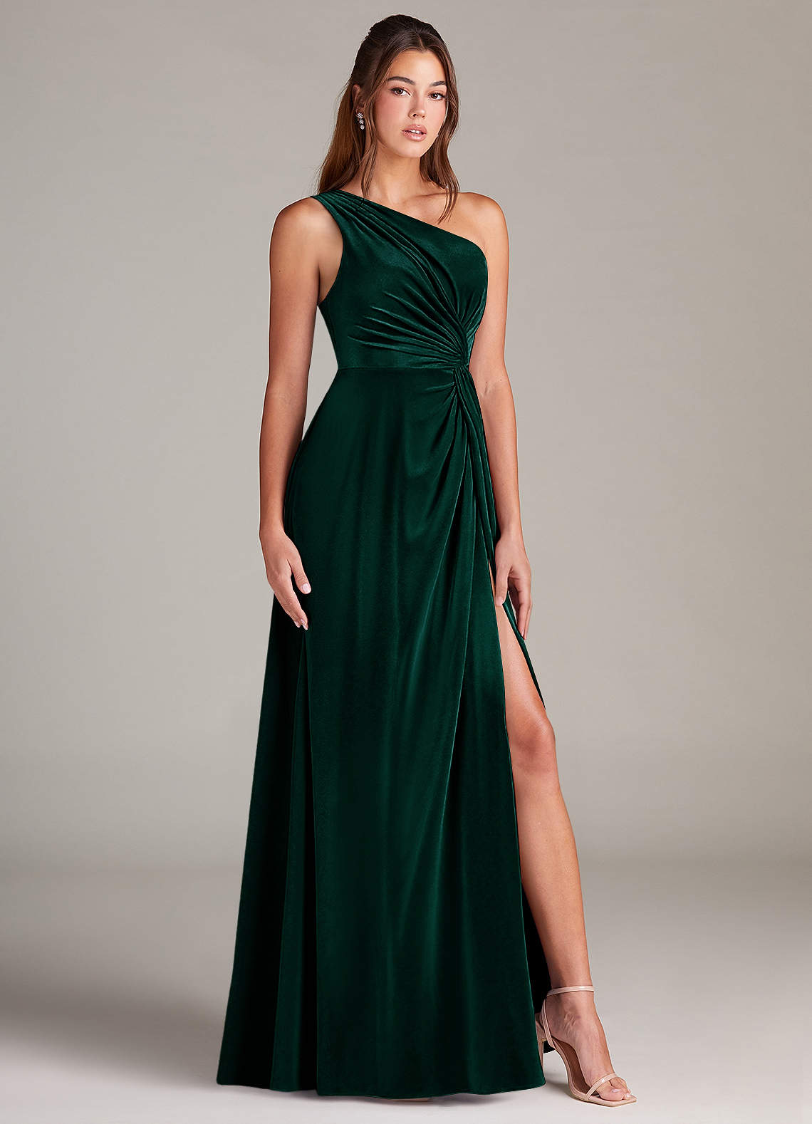 Azazie Brooke Bridesmaid Dresses Emerald A-Line One Shoulder Velvet Dress image2