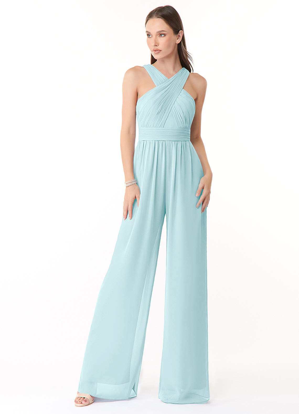 Azazie Berdie Brudtärnklänningar Jumpsuit av i Chiffong V-ringad plisserad halare image1