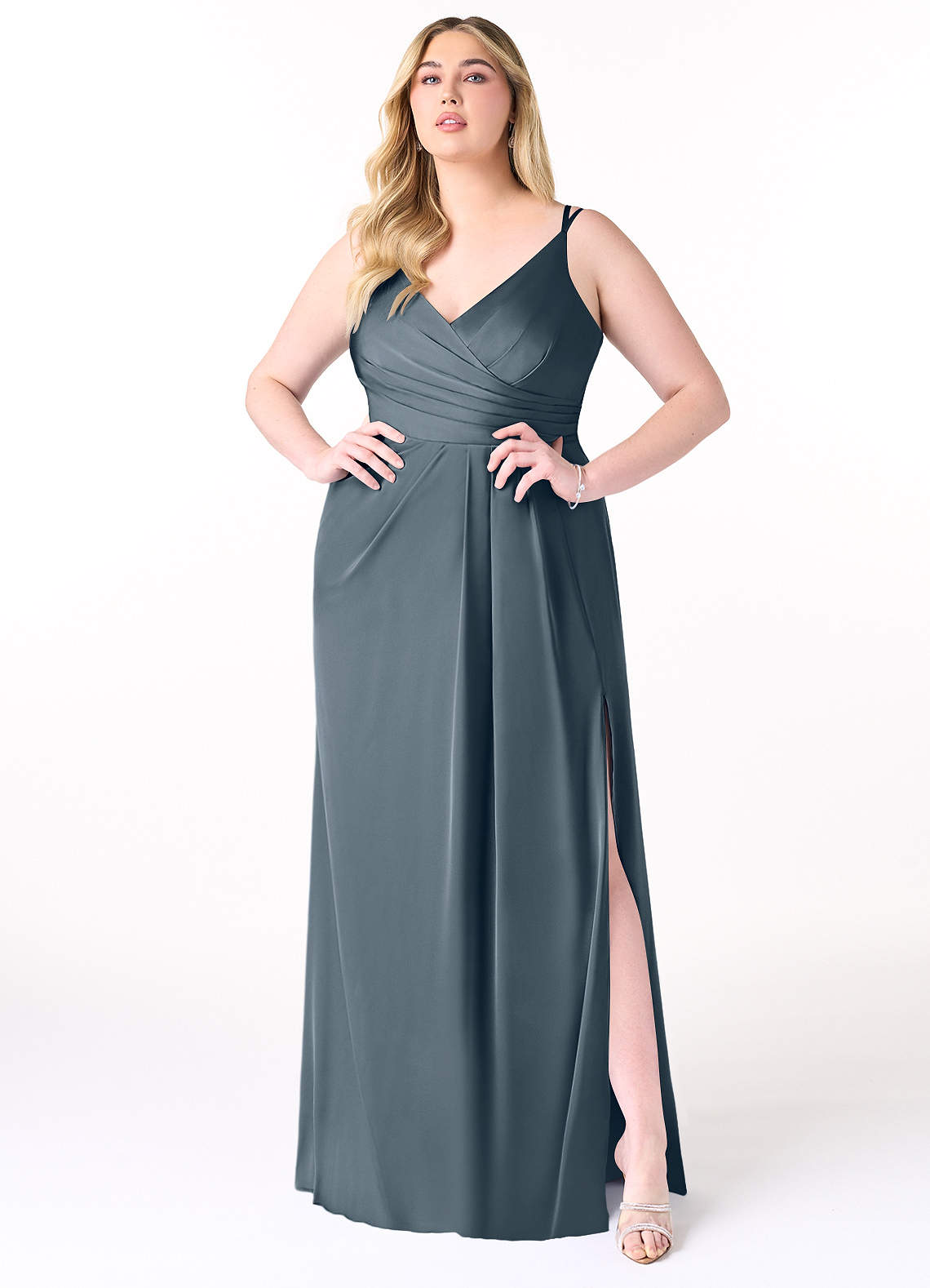 Azazie Aqua Bridesmaid Dresses Twilight A-Line V-Neck Pleated Stretch Satin Dress image1