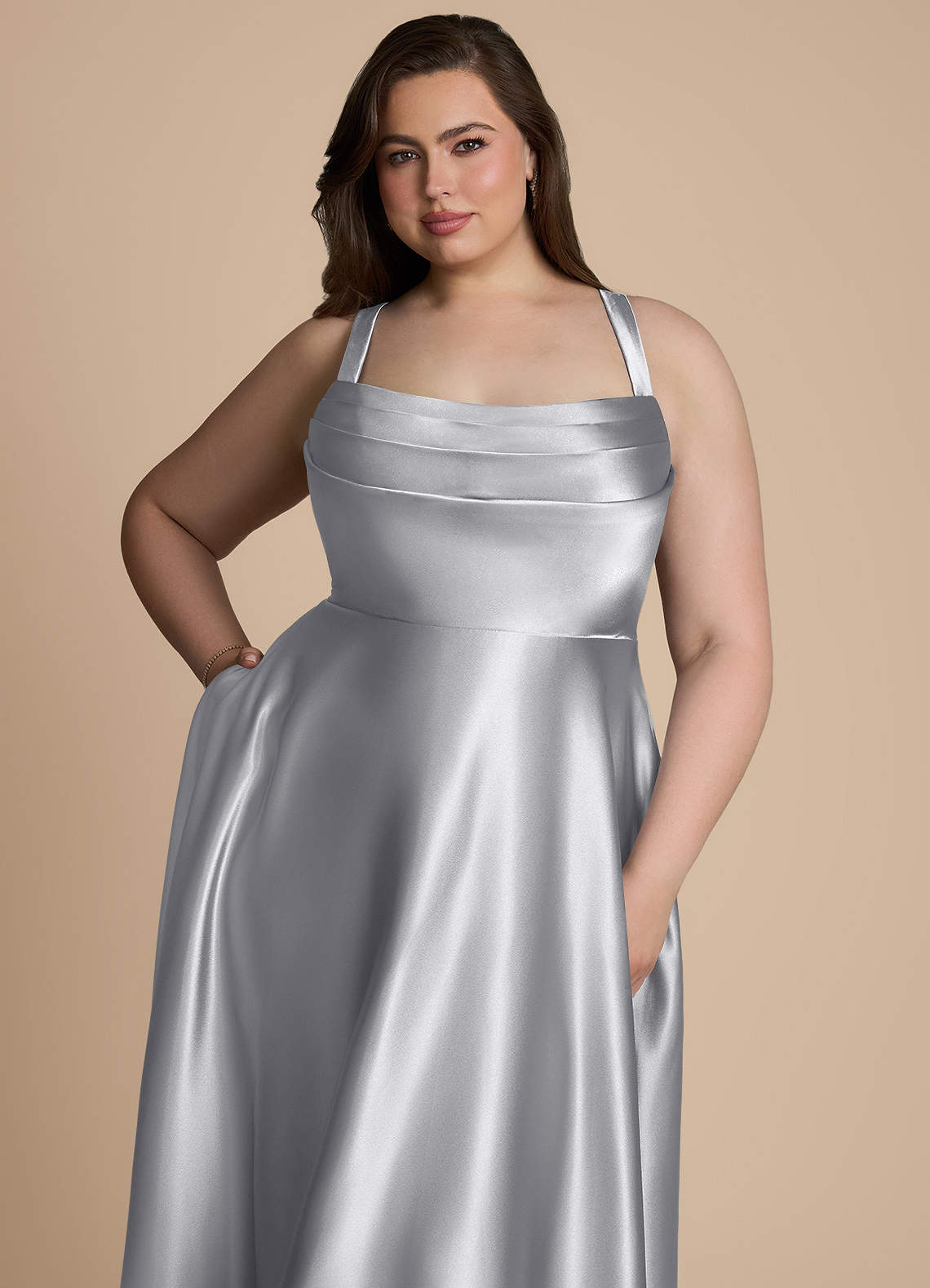 Azazie Shaude Bridesmaid Dresses Silver A-Line Pleated Metallic Satin Dress image9