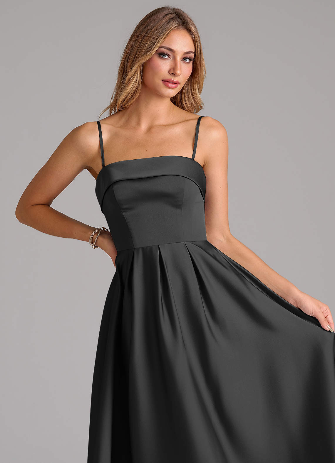 Azazie Lucienne Bridesmaid Dresses Black A-Line Strapless Stretch Satin Convertible Dress image1