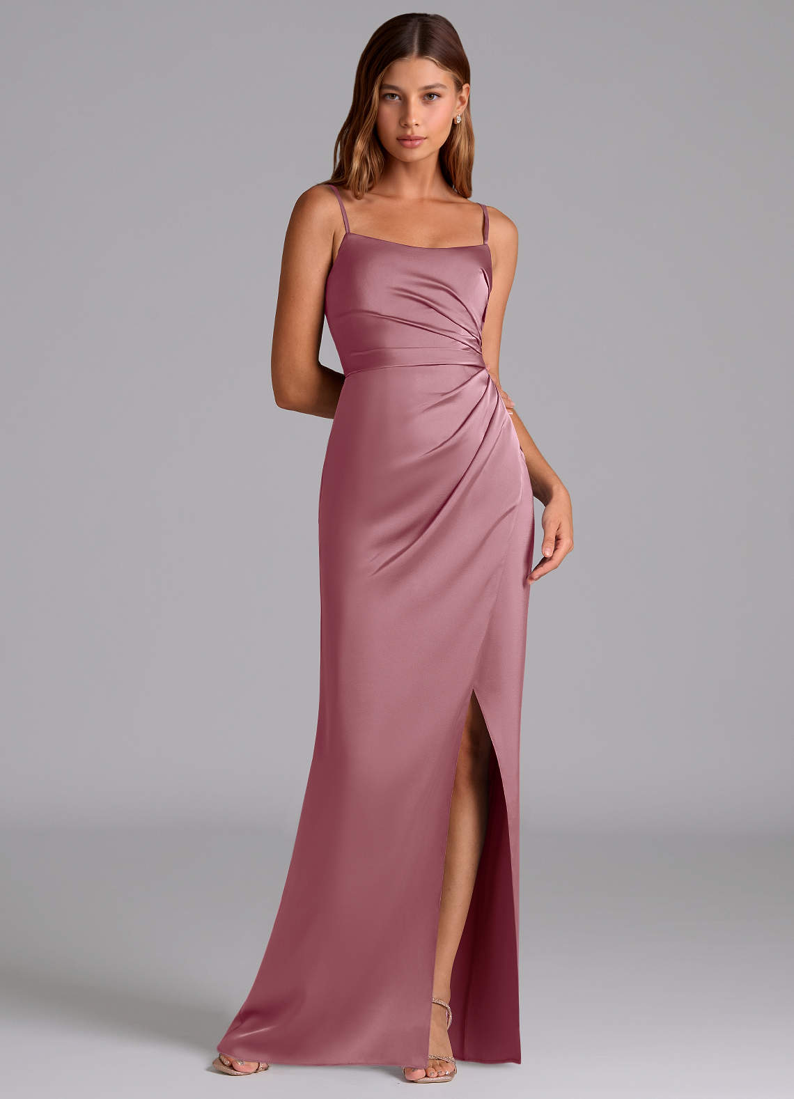 Azazie Calandra Bridesmaid Dresses Vintage Mauve A-Line Pleated Stretch Satin Dress image1