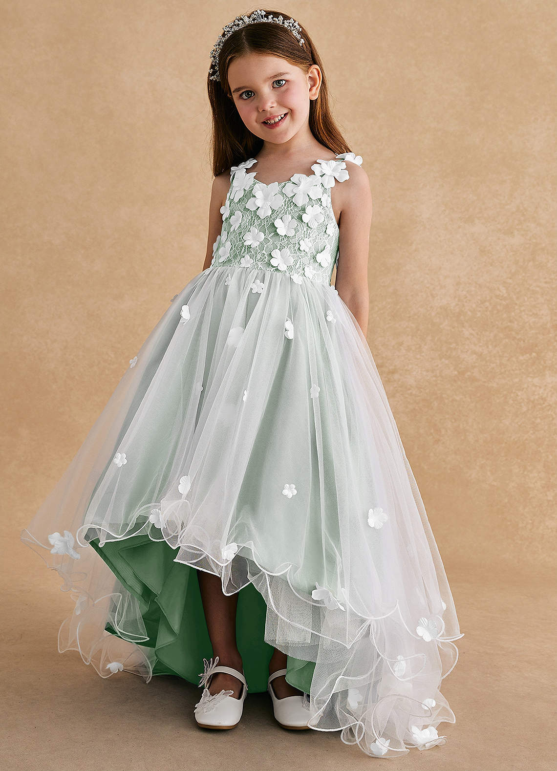 Azazie Celia Flower Girl Dresses Agave A-Line Lace Tulle Dress image5