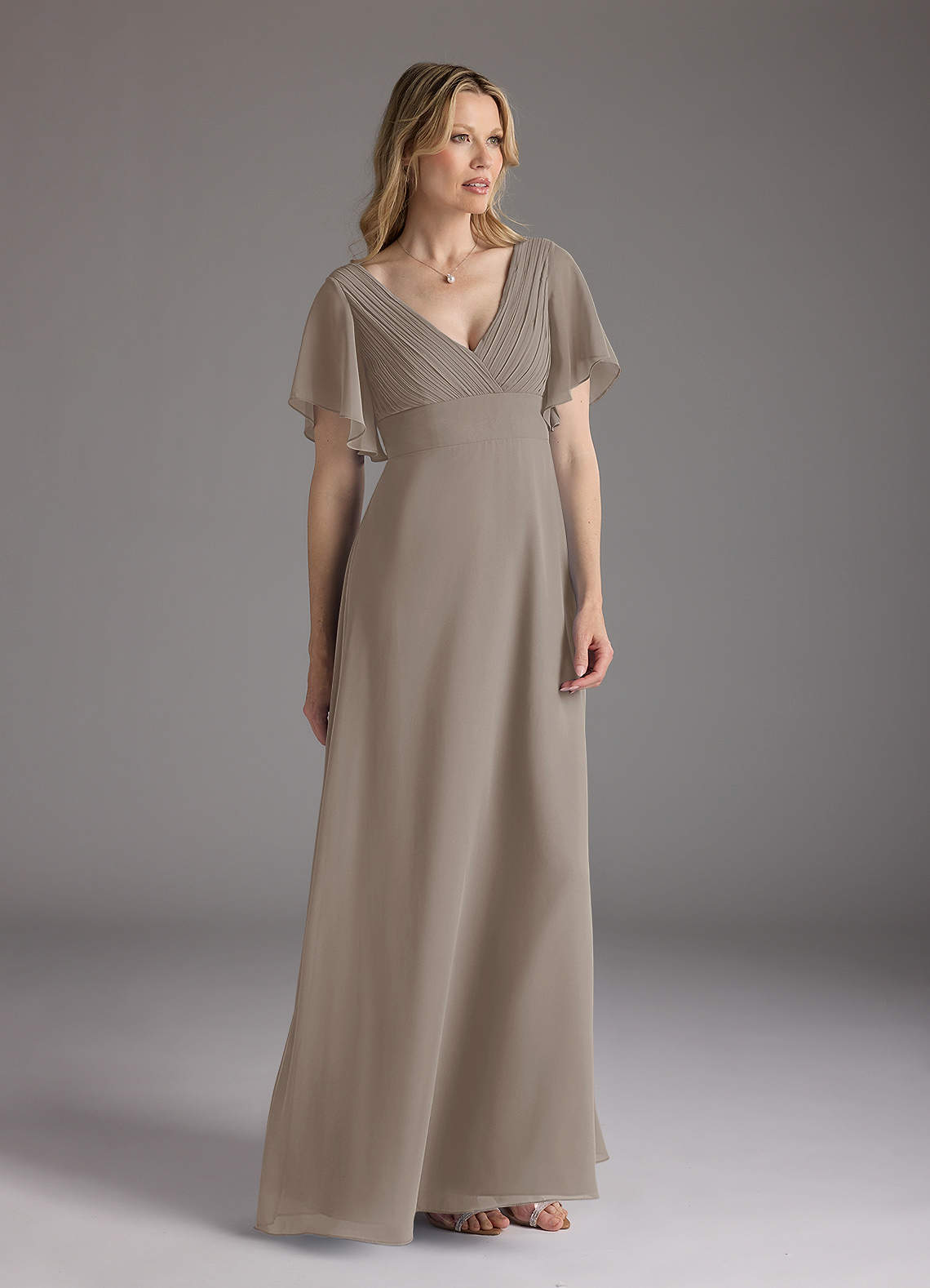 Azazie Alessa Mother of the Bride Dresses Taupe A-Line V-Neck Pleated Chiffon Dress image1