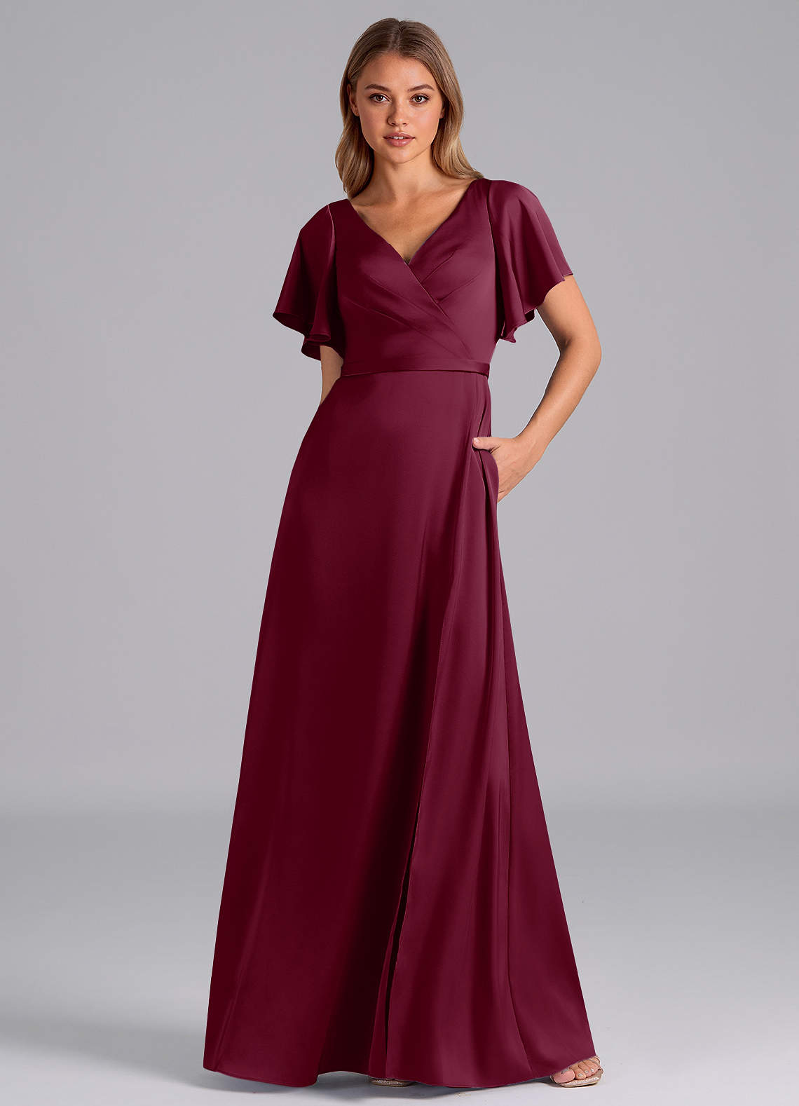 Azazie Ambrosia Bridesmaid Dresses Mulberry A-Line Pleated Stretch Satin Dress image4