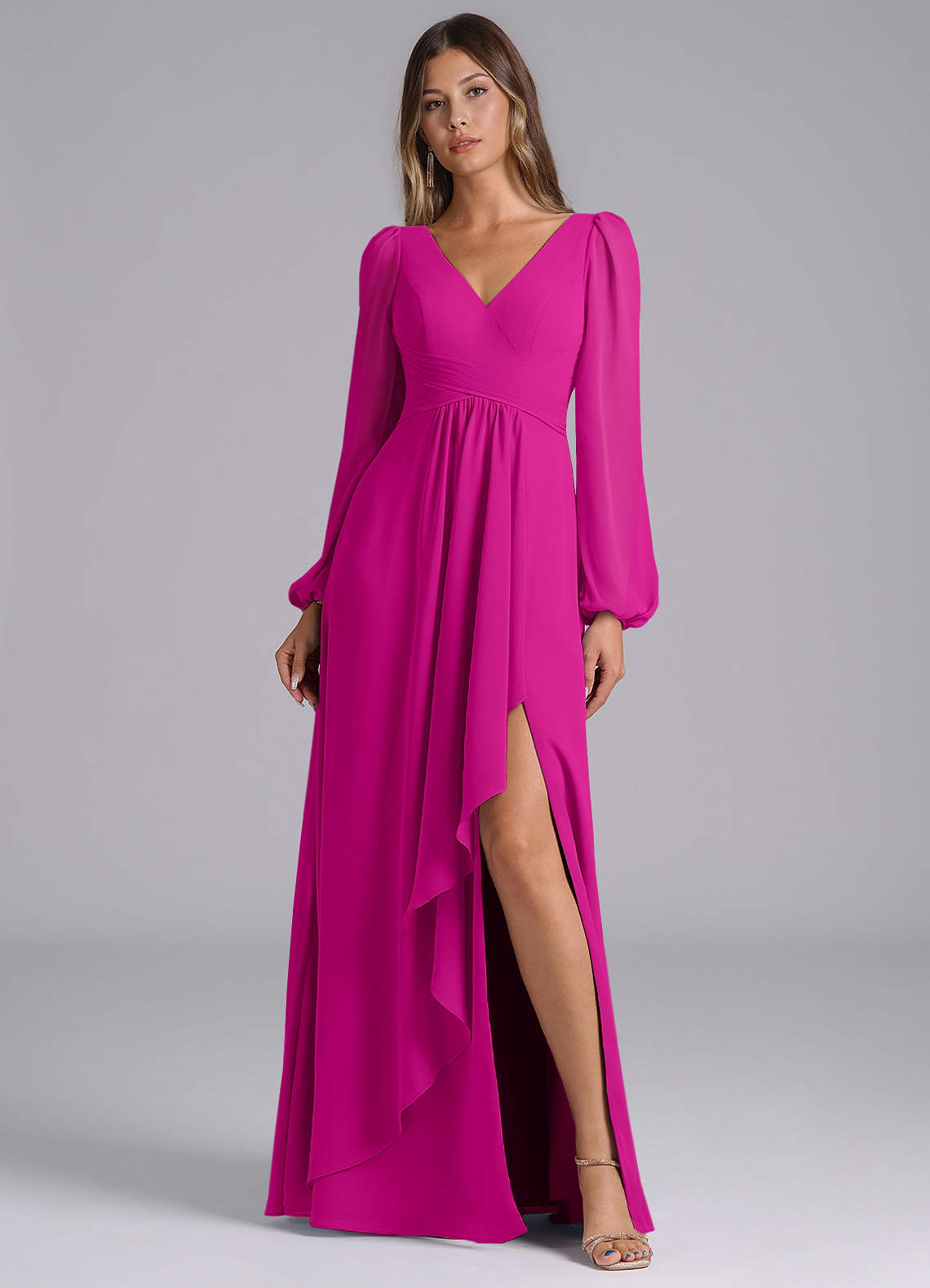 fuchsia bridesmaid dresses long Azazie A-Line V-Neck Sleeve Floor-Length Chiffon Size:CONT 43