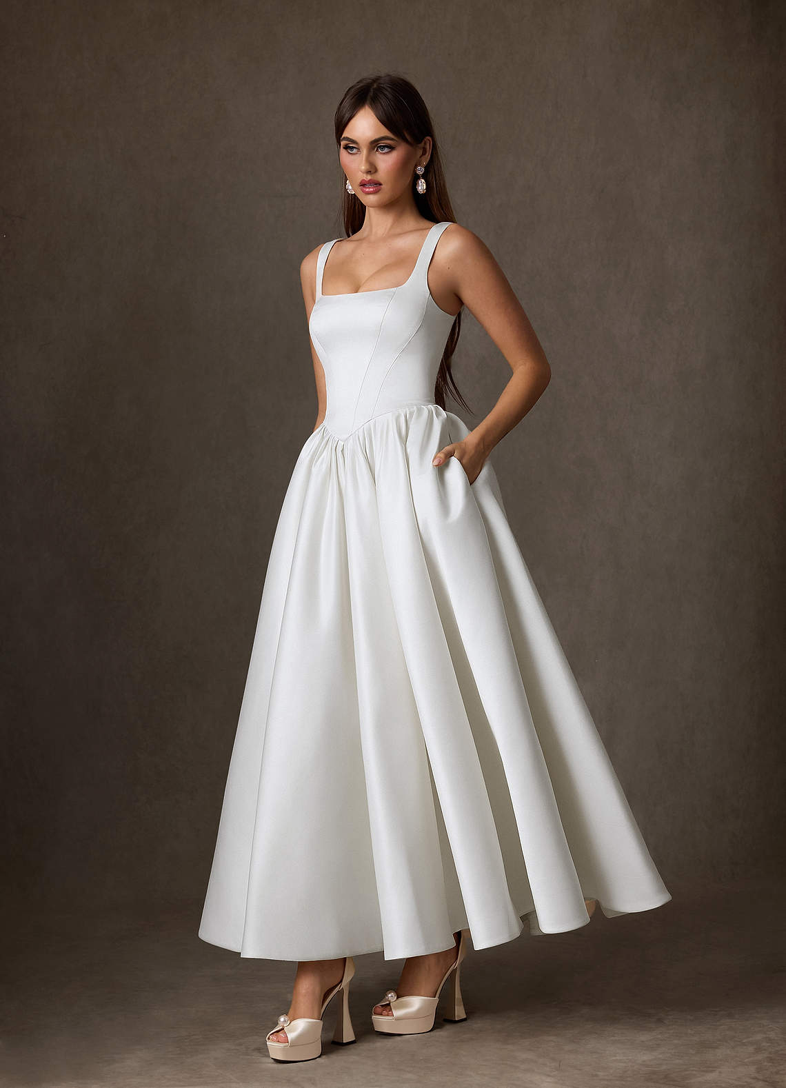 Azazie Verina Wedding Dresses Diamond White A-Line with Pockets Satin Dress image3