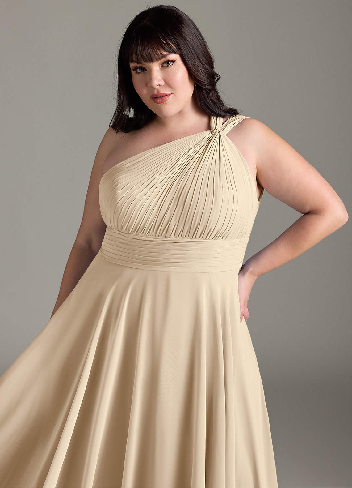 Azazie Charlize Bridesmaid Dresses Champagne A-Line One Shoulder Chiffon Dress image11