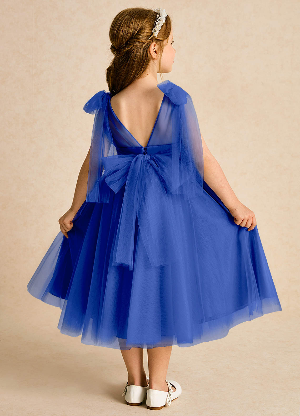 Azazie Dori Robe Demoiselle D'honneur Fillette Robe Trapèze en Tulle Rayé Bleu Roi image1