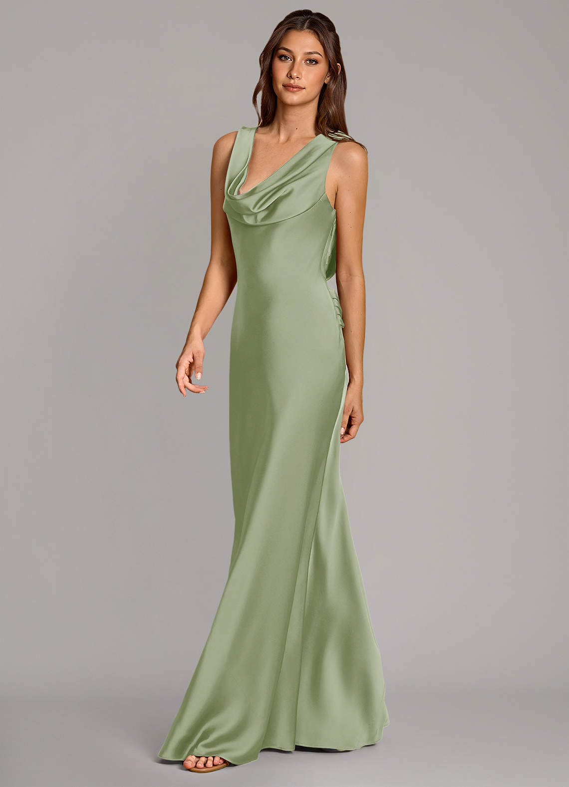 Azazie Cheryl Vestidos de damas de honor Vestido de Salvia Polvorienta de Satén Elástico de Corte Sirena image2