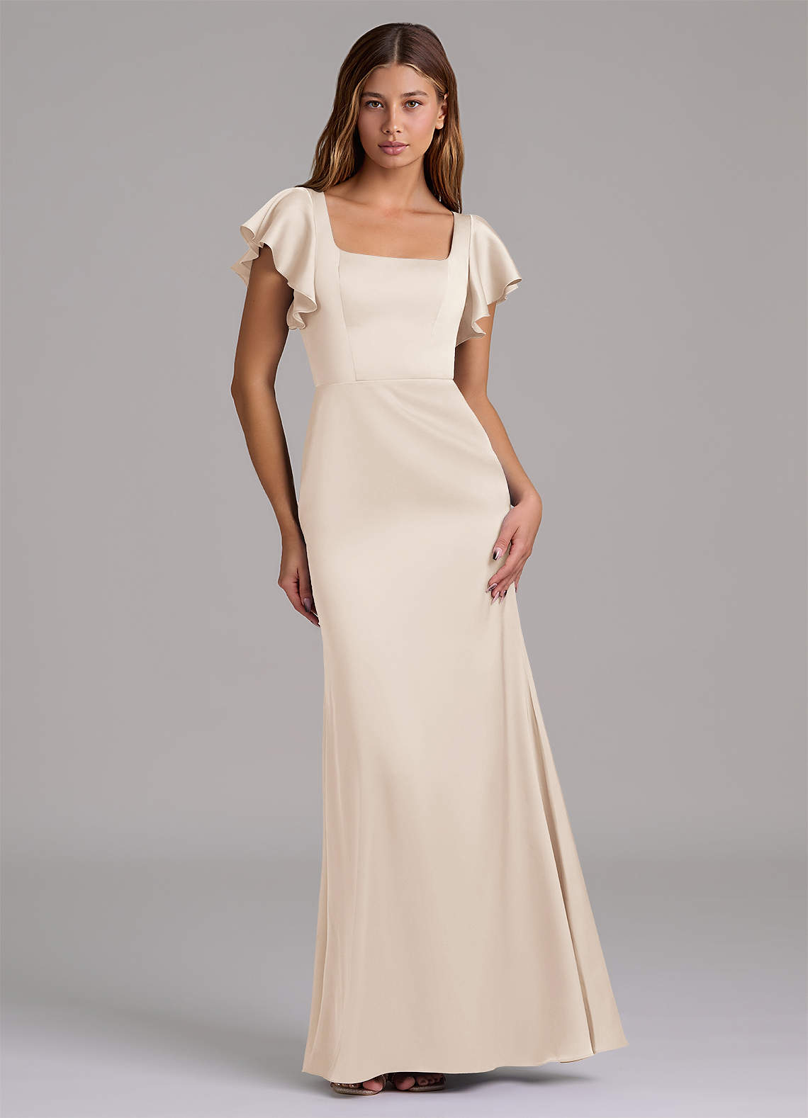 Azazie Elkie Robes de demoiselle d'honneur Robe Sirène en Satin extensible Col Carré Albâtre Blanc image1