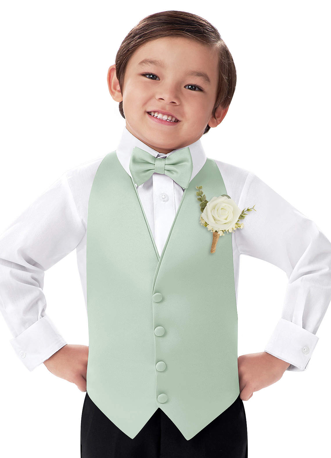 front Boy's Matte Satin Vest & Bow Tie & Boutonniere Set