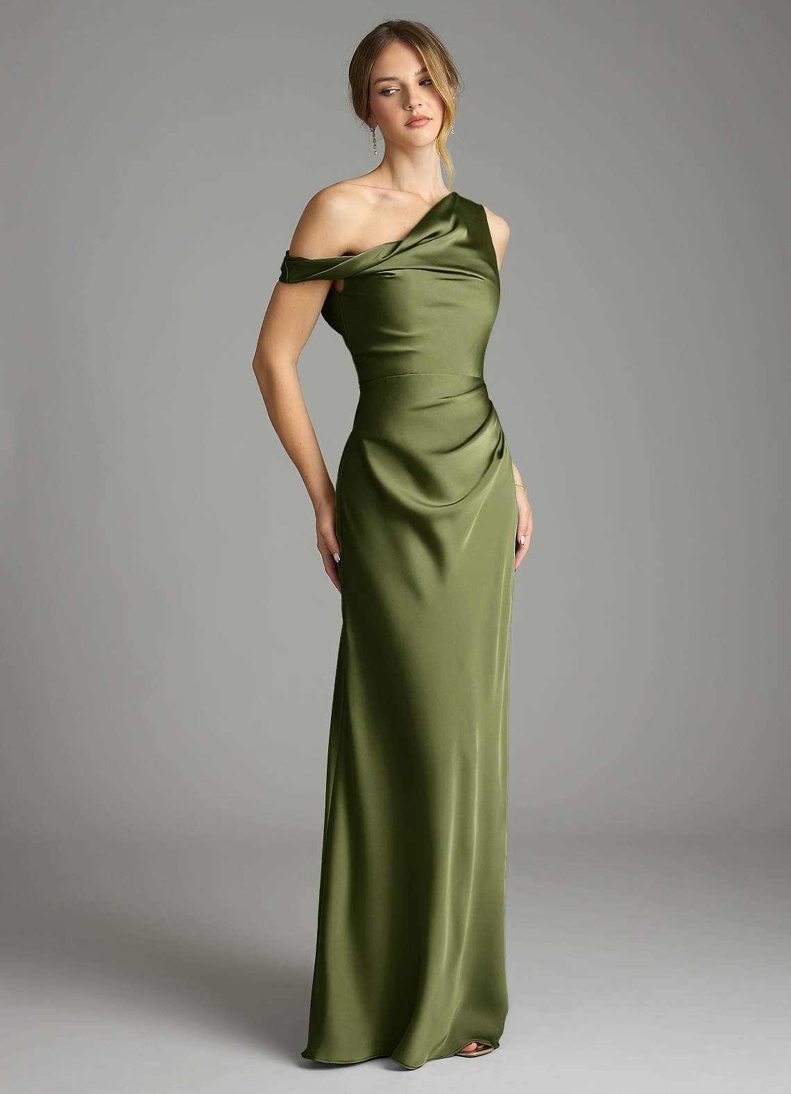 Azazie Emerson Bridesmaid Dresses Olive Mermaid Off the Shoulder Stretch Satin Dress image4