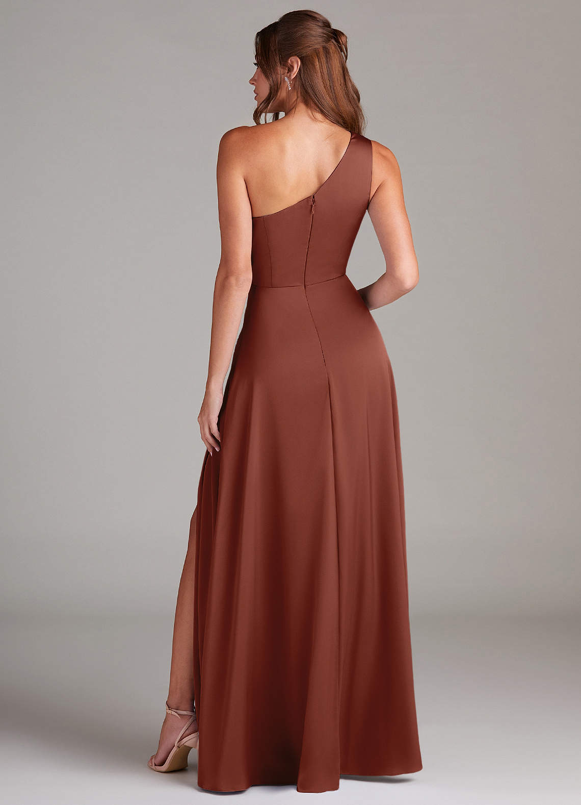 Azazie Brooke Bridesmaid Dresses Auburn A-Line One Shoulder Stretch Satin Dress image6