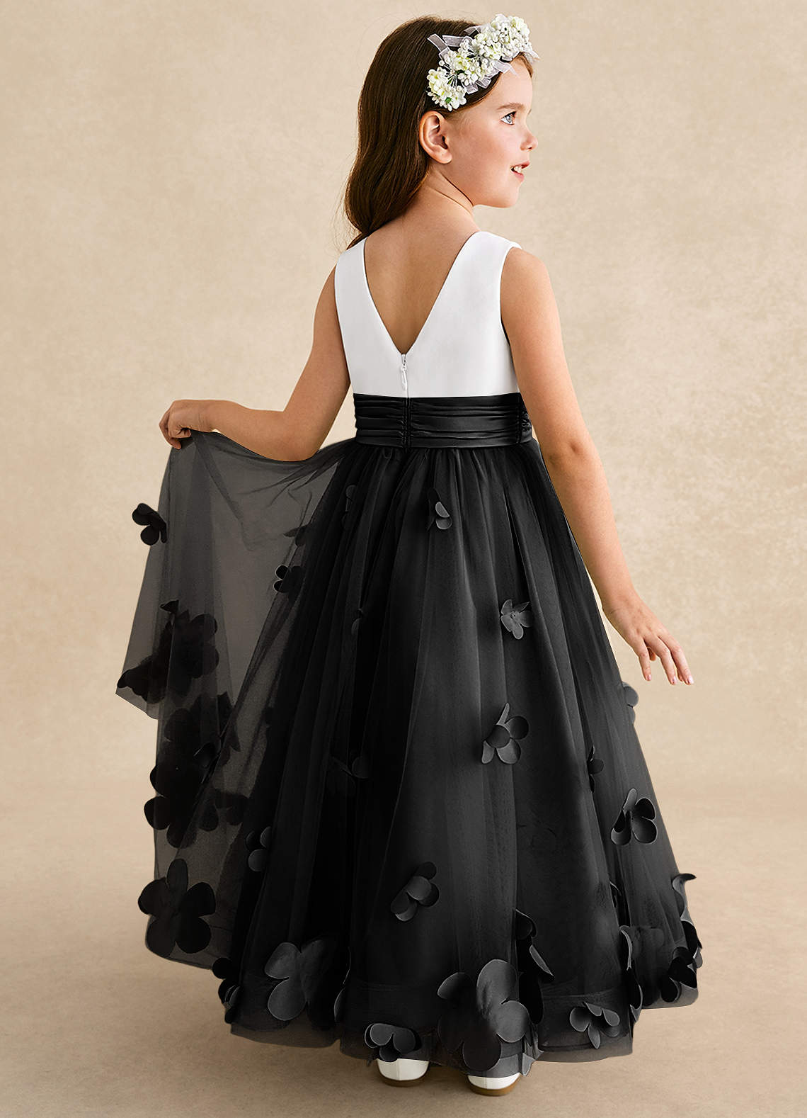 Azazie Vi Blumenmädchenkleider A-Linie ärmellos Tüll Kleid Schwarz image1