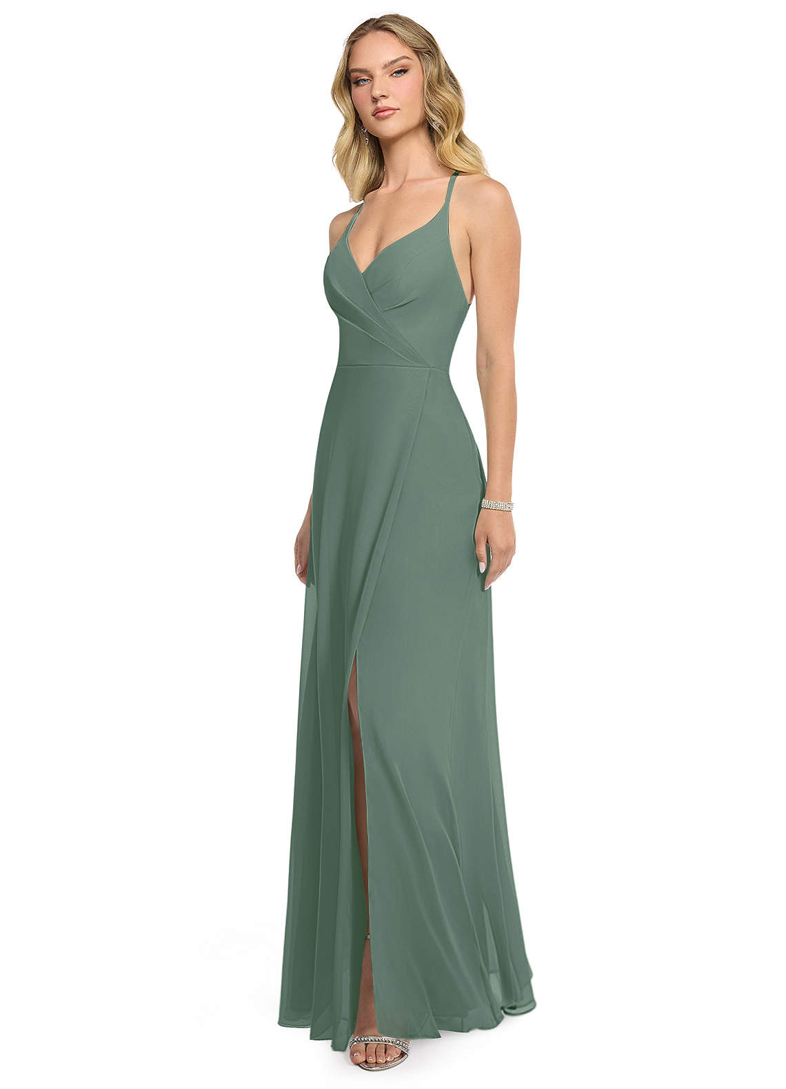 Azazie Davis Bridesmaid Dresses Eucalyptus A-Line V-Neck Chiffon Dress image2