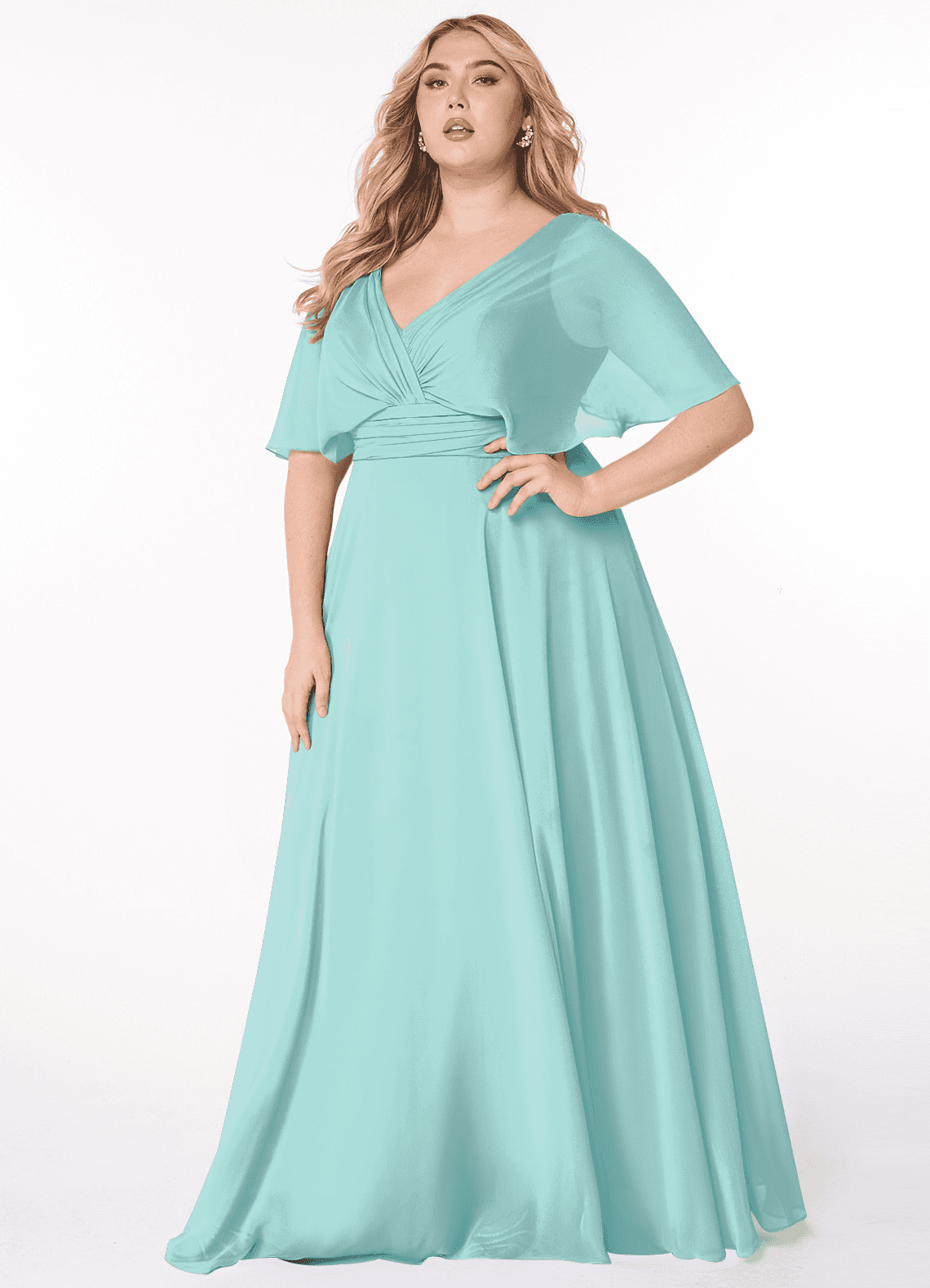 Azazie Pamela Robes de demoiselle d'honneur Robe Trapèze en Mousseline de soie Col V plissé Aqua image1