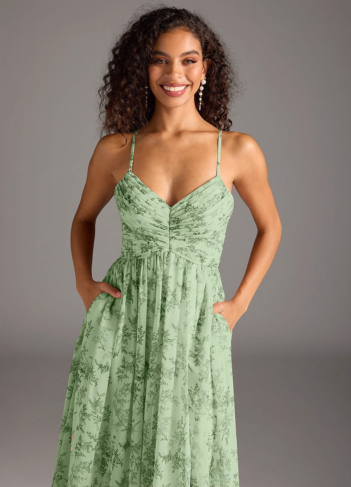 Azazie A-Line V-Neck Floor-Length Chiffon Bridesmaid Dresses - Green Fern Floral