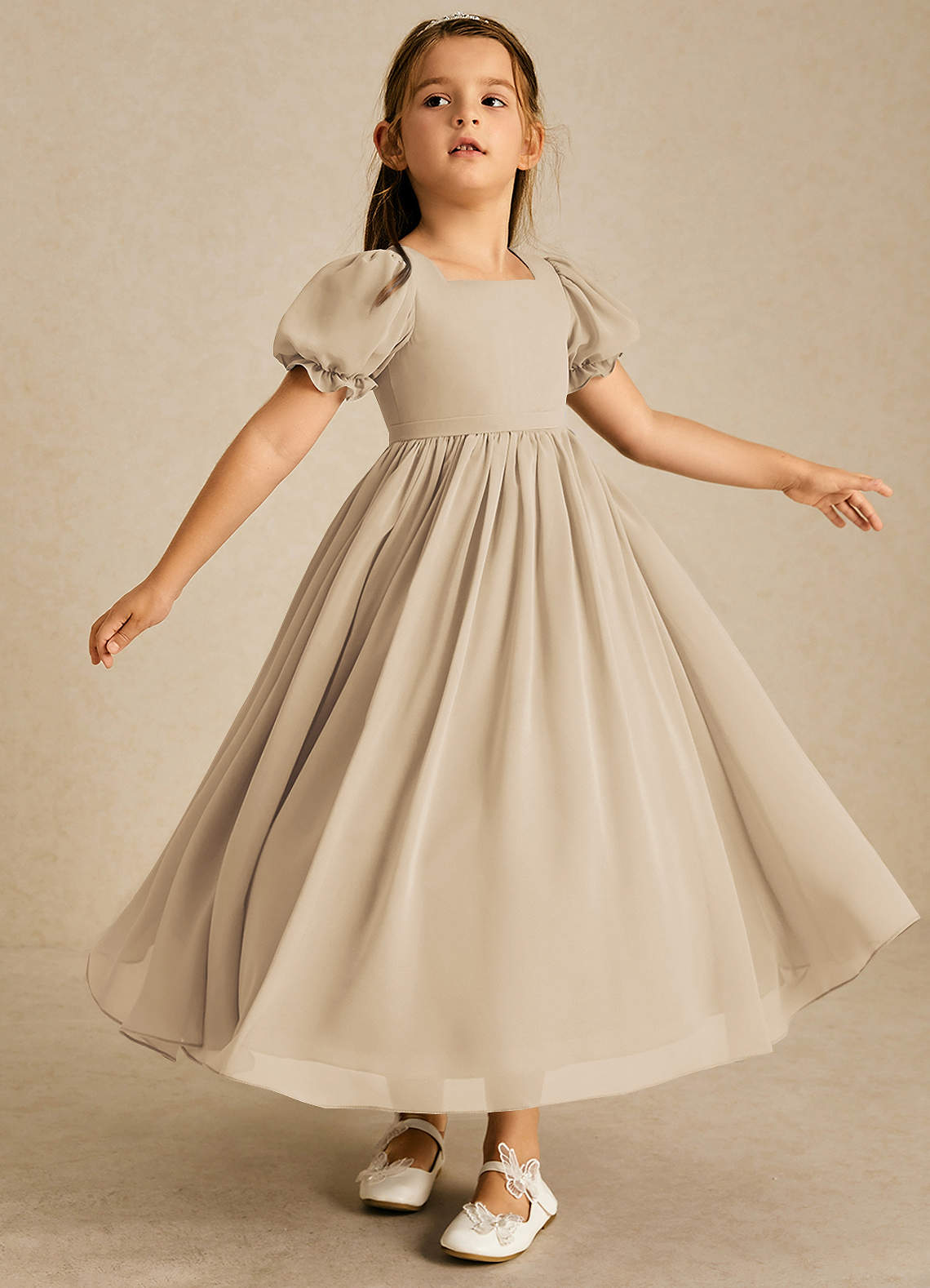 Azazie Joss Flower Girl Dresses Champagne A-Line with Sleeves Chiffon Dress image2