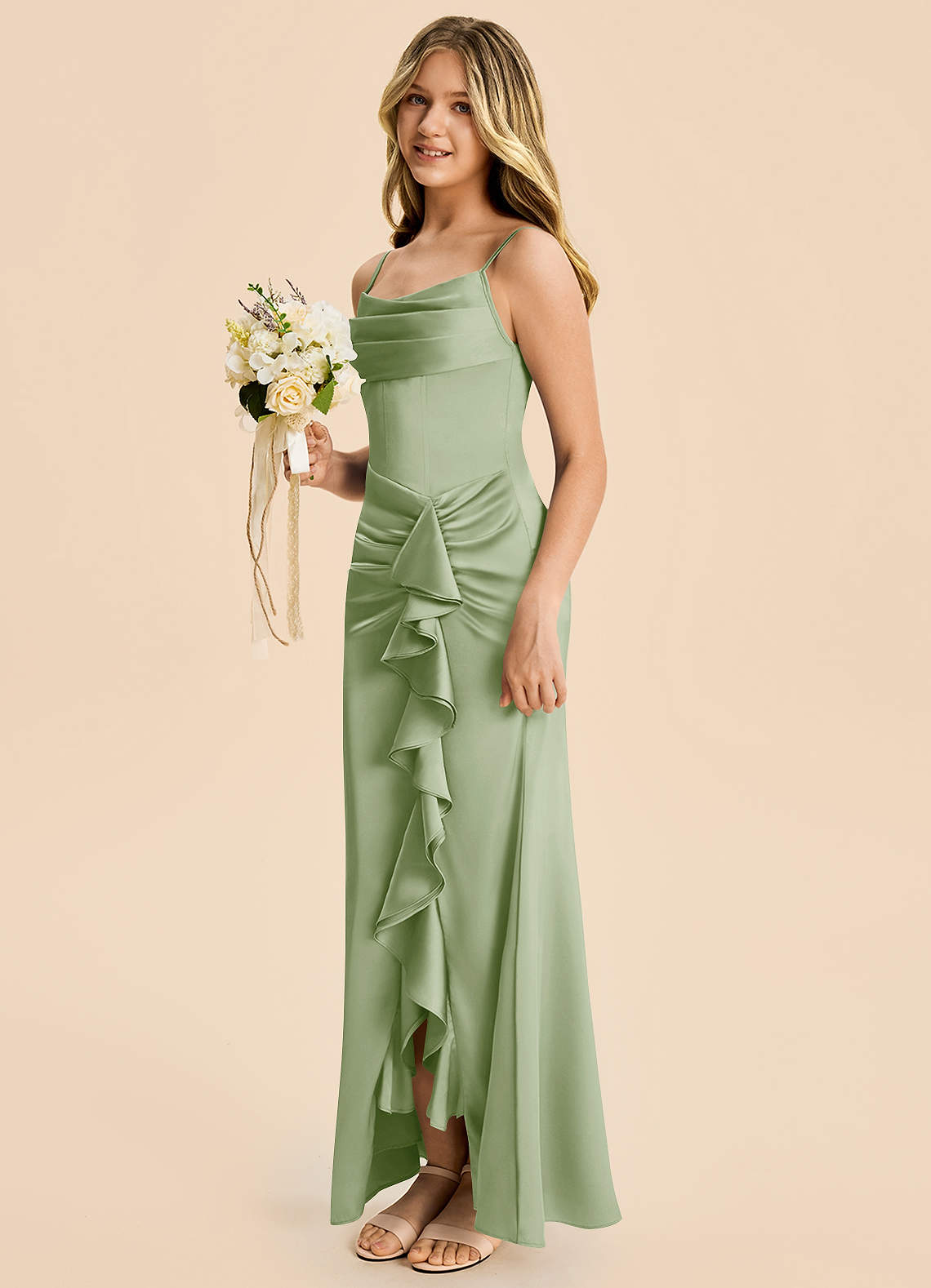 Azazie Rosalia Junior Dusty Sage Sheath Pleated Stretch Satin Dress image2