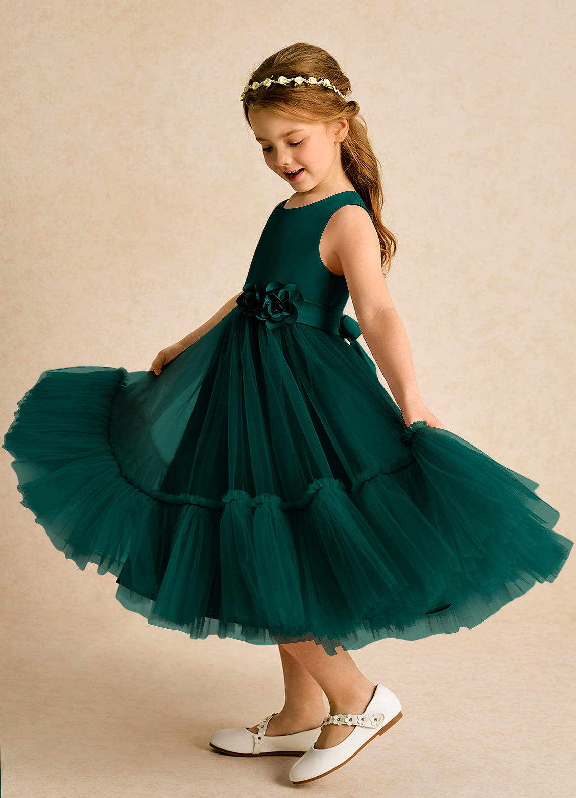 Azazie Miracle vestidos de niña de las flores Vestido de Pino de Satin Mate de Corte En A con Lazo image1