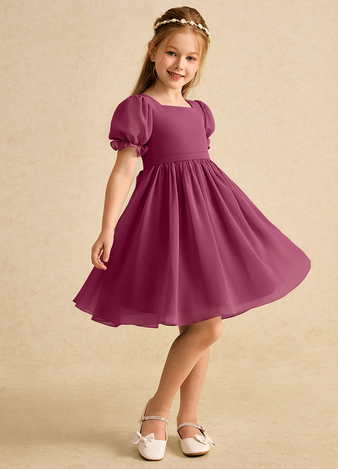 Azazie Jolie Flower Girl Dresses Mulberry A-Line with Sleeves Chiffon Dress image1
