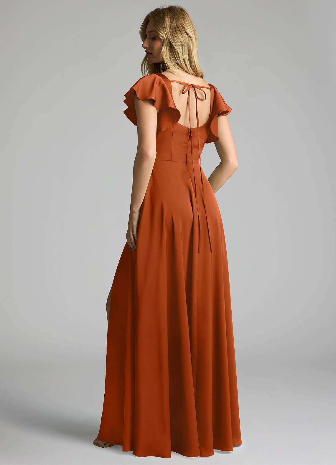 Azazie Bondi Bridesmaid Dresses Burnt Orange A-Line Bow Stretch Satin Dress image1