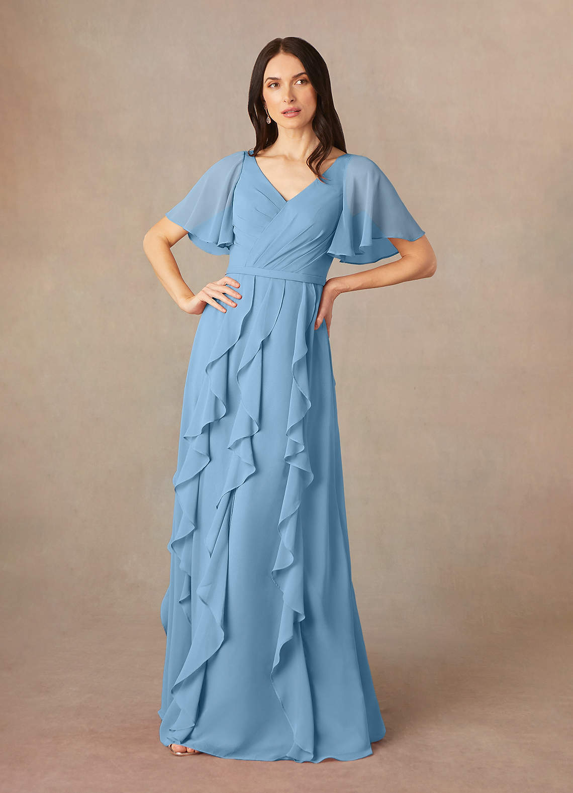 Azazie Watson Steel Blue A-Line V-Neck Chiffon Dress Ready to Ship | Azazie