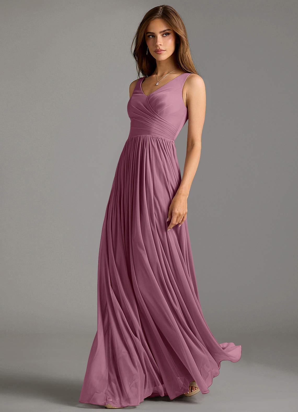 Azazie Keyla Bridesmaid Dresses Vintage Mauve A-Line Pleated Mesh Dress image1