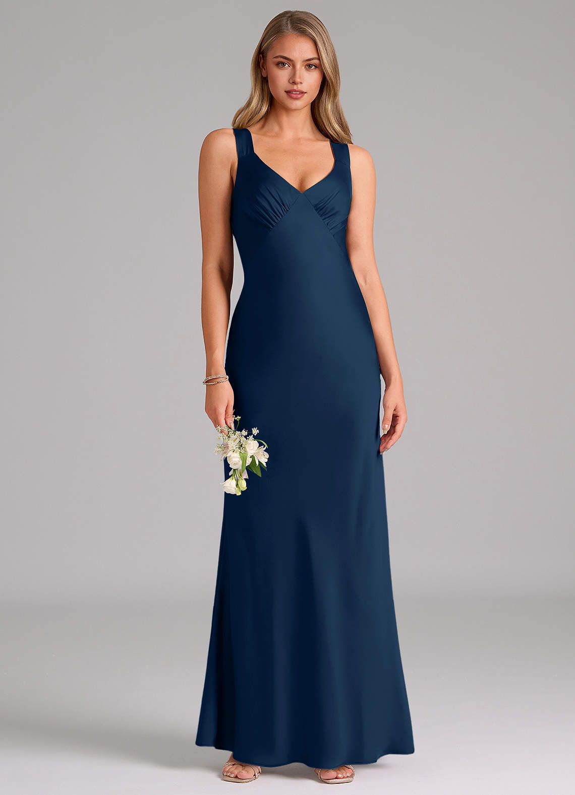 Azazie Kamila Brautjungfernkleider A-Linie Plissee Stretch-Satin Kleid Dunkelmarine image1
