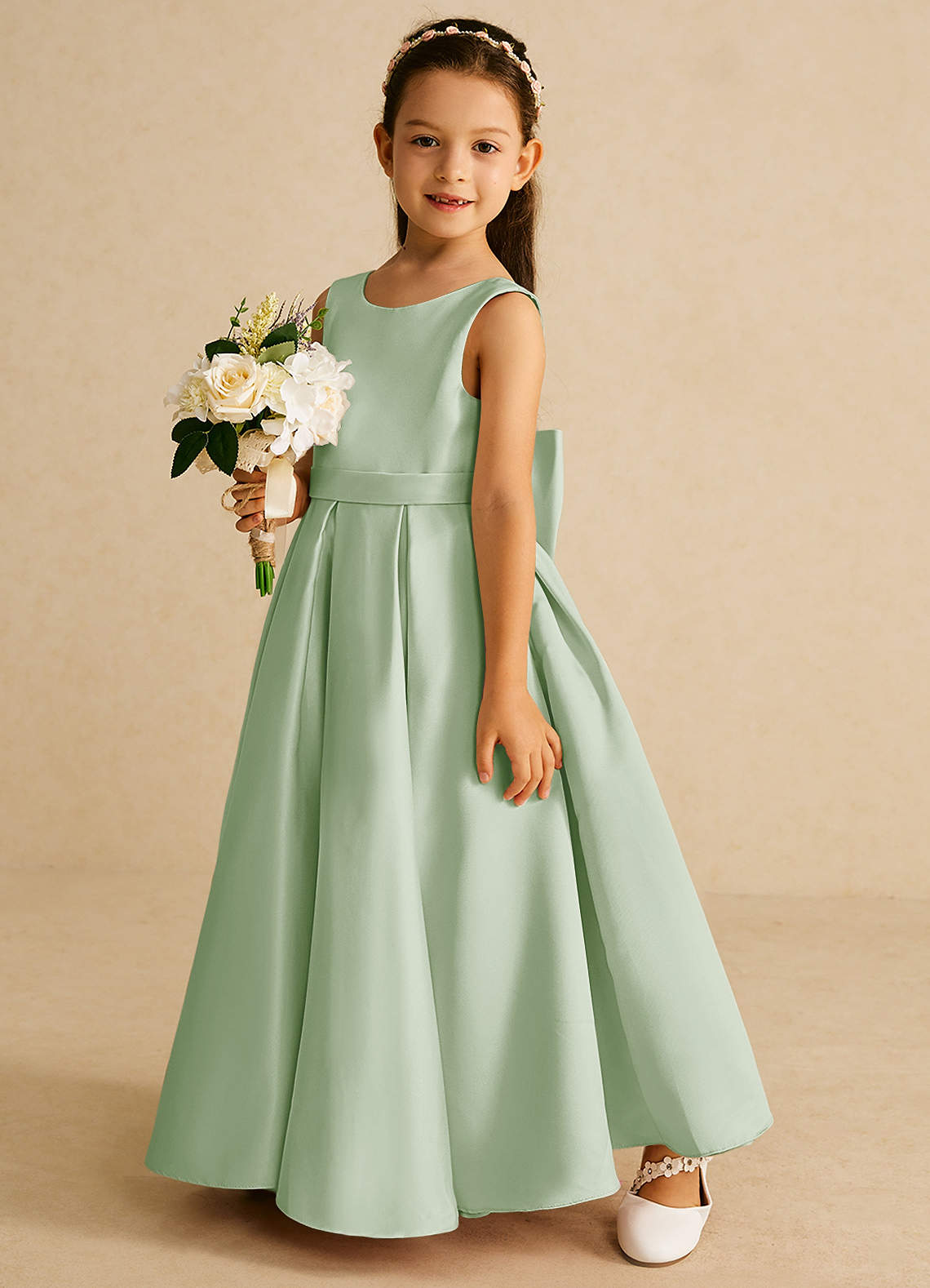 Azazie Pipsy Flower Girl Dresses Dusty Sage A-Line Bow Matte Satin Dress image1