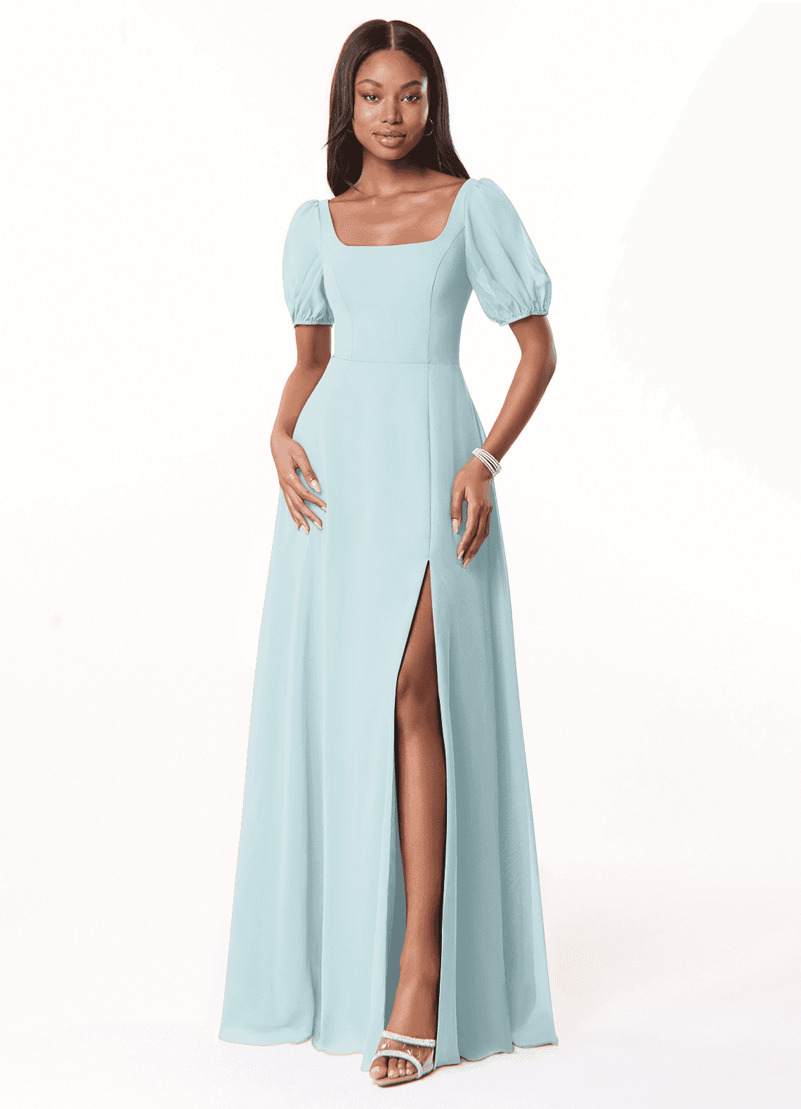 One Shoulder Azazie Sky Lace Square Neck High Neck Bridesmaid Dress With  Sleeves Azazie Bondi Aqua