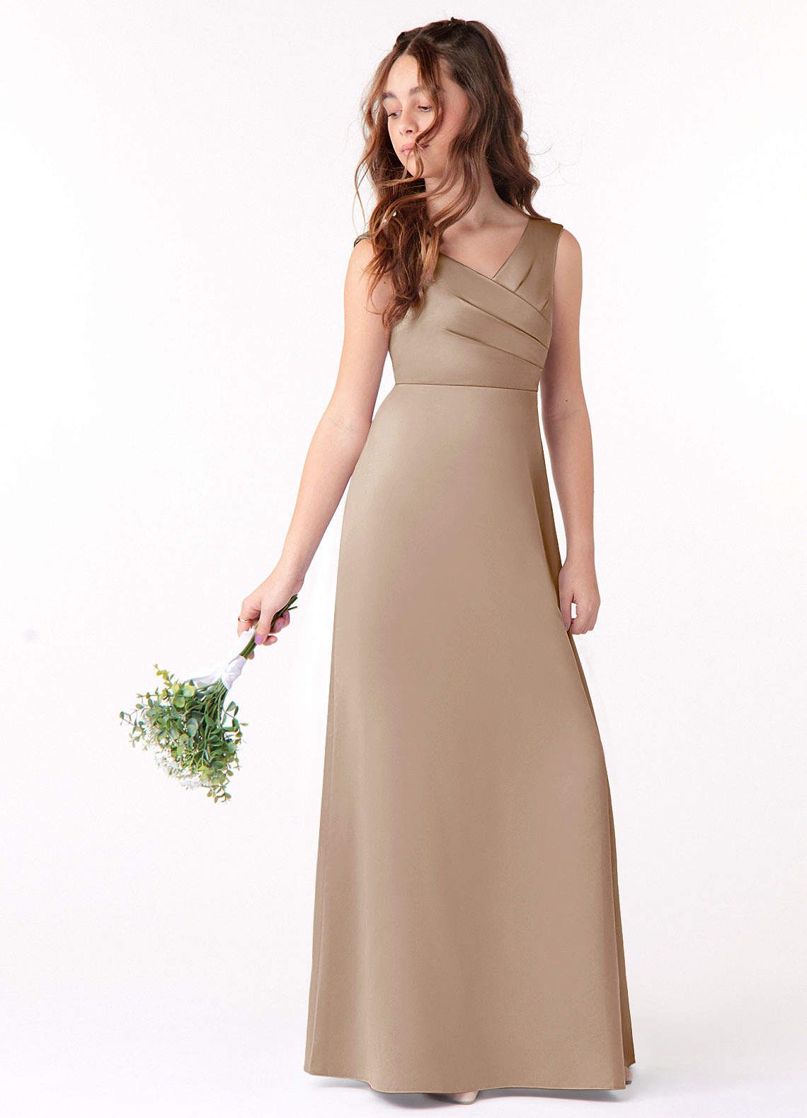 Azazie Sadia Junior Taupe A-Line Pleated Stretch Satin Dress image1