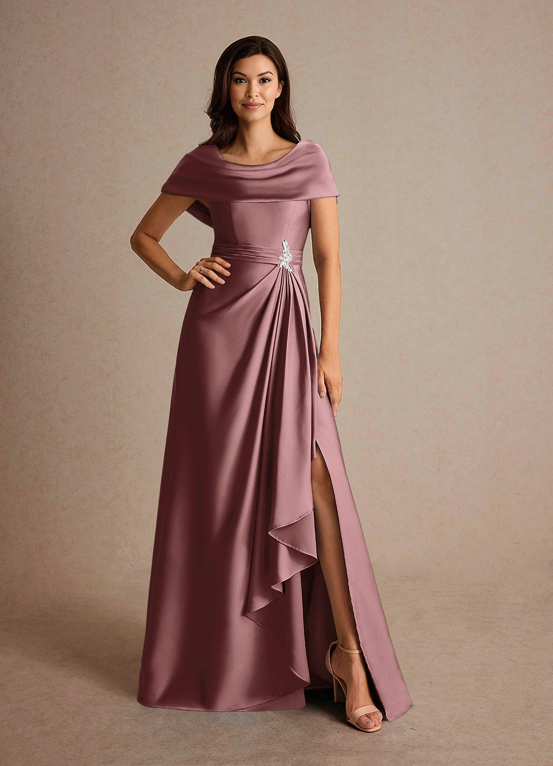 Azazie A-Line/Princess Cowl Neck Floor-Length Stretch Satin Mother of The Bride or Groom Dresses - Vintage Mauve