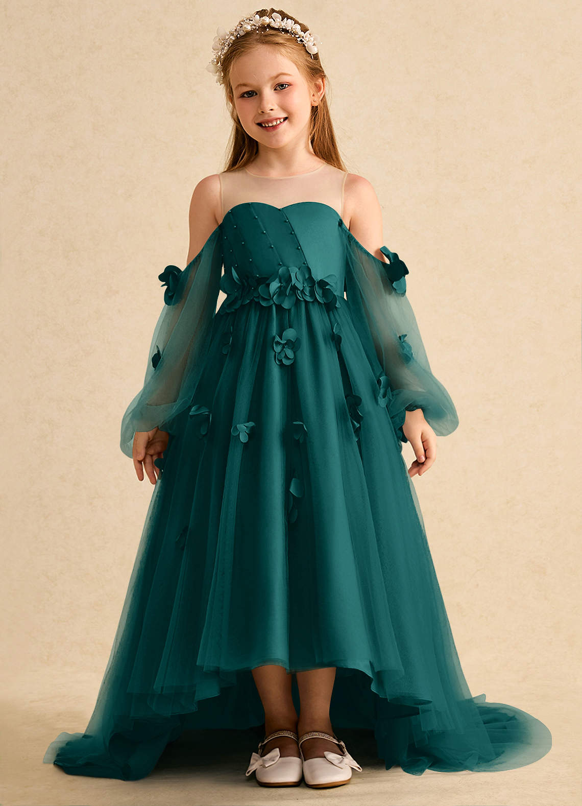 Azazie Karrie Flower Girl Dresses Peacock A-Line with Sleeves Tulle Dress image1