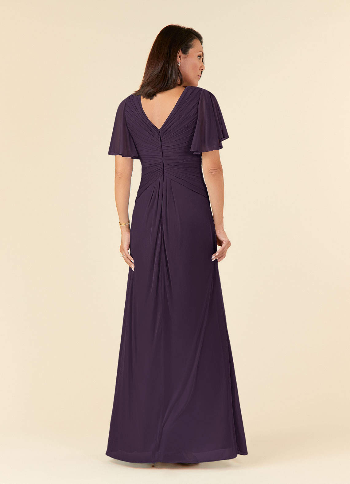 Azazie Emmeline Mother of the Bride Dresses Plum A-Line V-Neck Pleated Mesh Dress image1