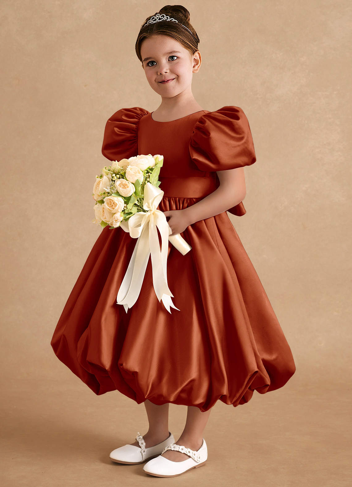Azazie Jellybean Flower Girl Dresses Paprika Ball-Gown Ruched Matte Satin Dress image1