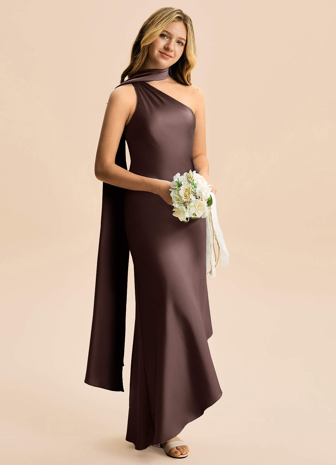 Azazie Briony Junior Ganache Sheath Pleated Stretch Satin Dress image3