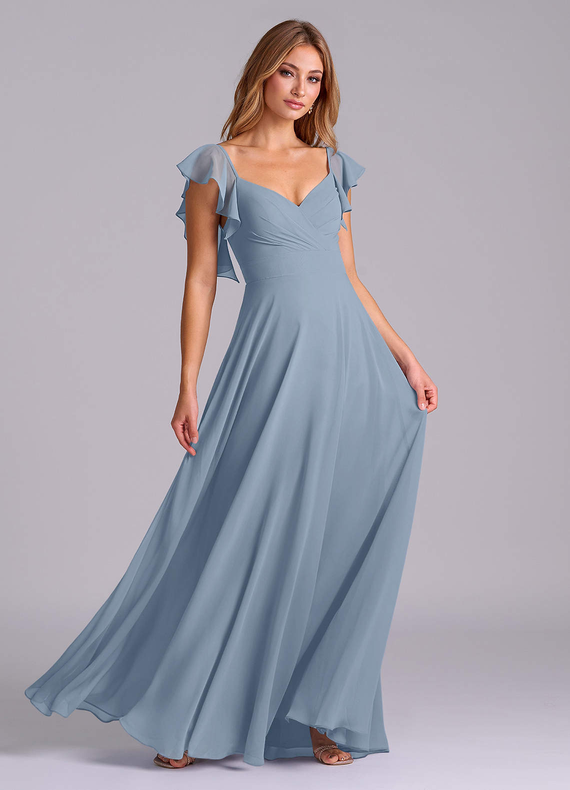Azazie Leilani Bridesmaid Dresses Dusty Blue A-Line Pleated Chiffon Dress image2