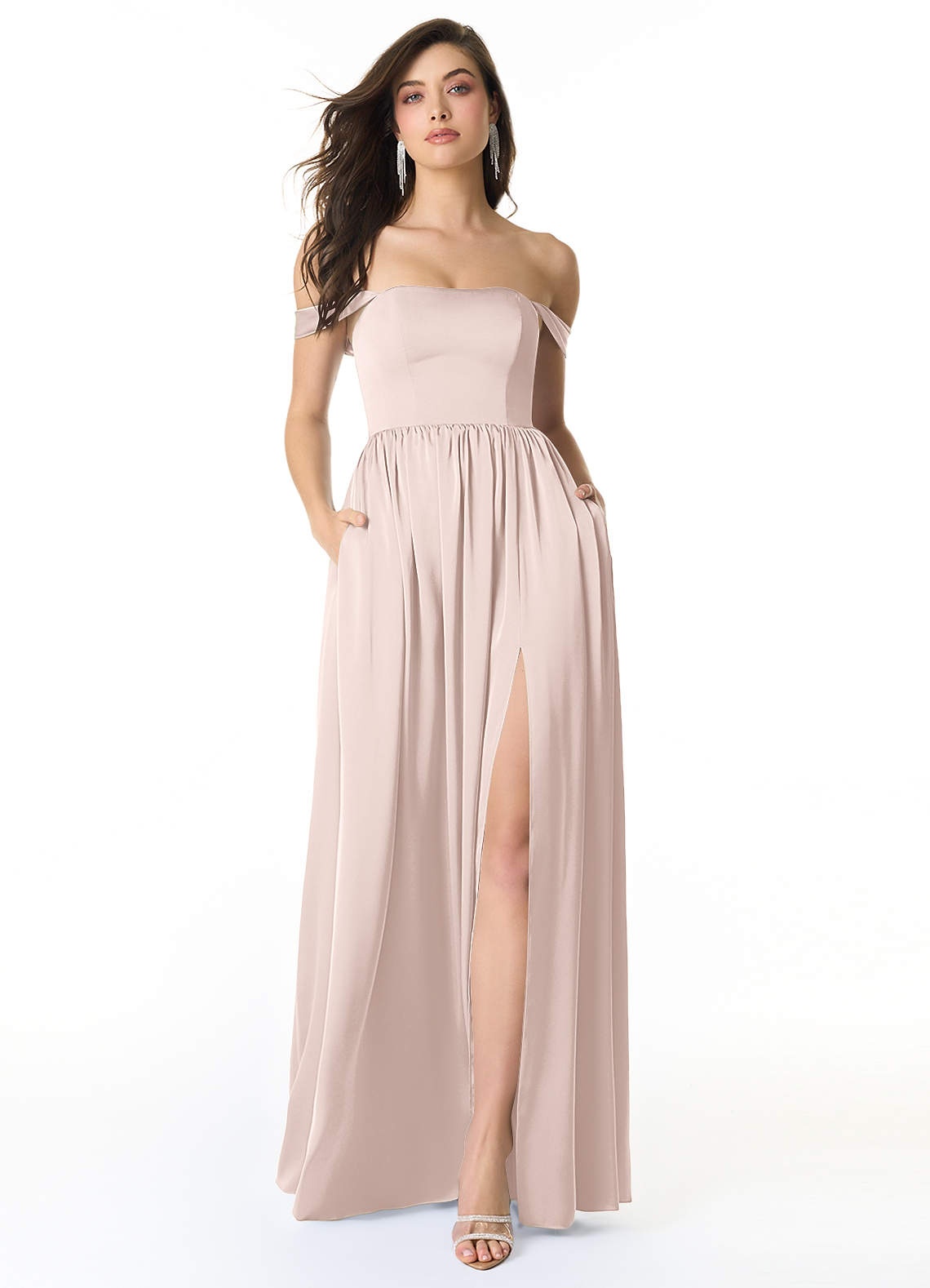 Azazie Morana Bridesmaid Dresses Blushing Pink A-Line Off the Shoulder Stretch Satin Convertible Dress image1