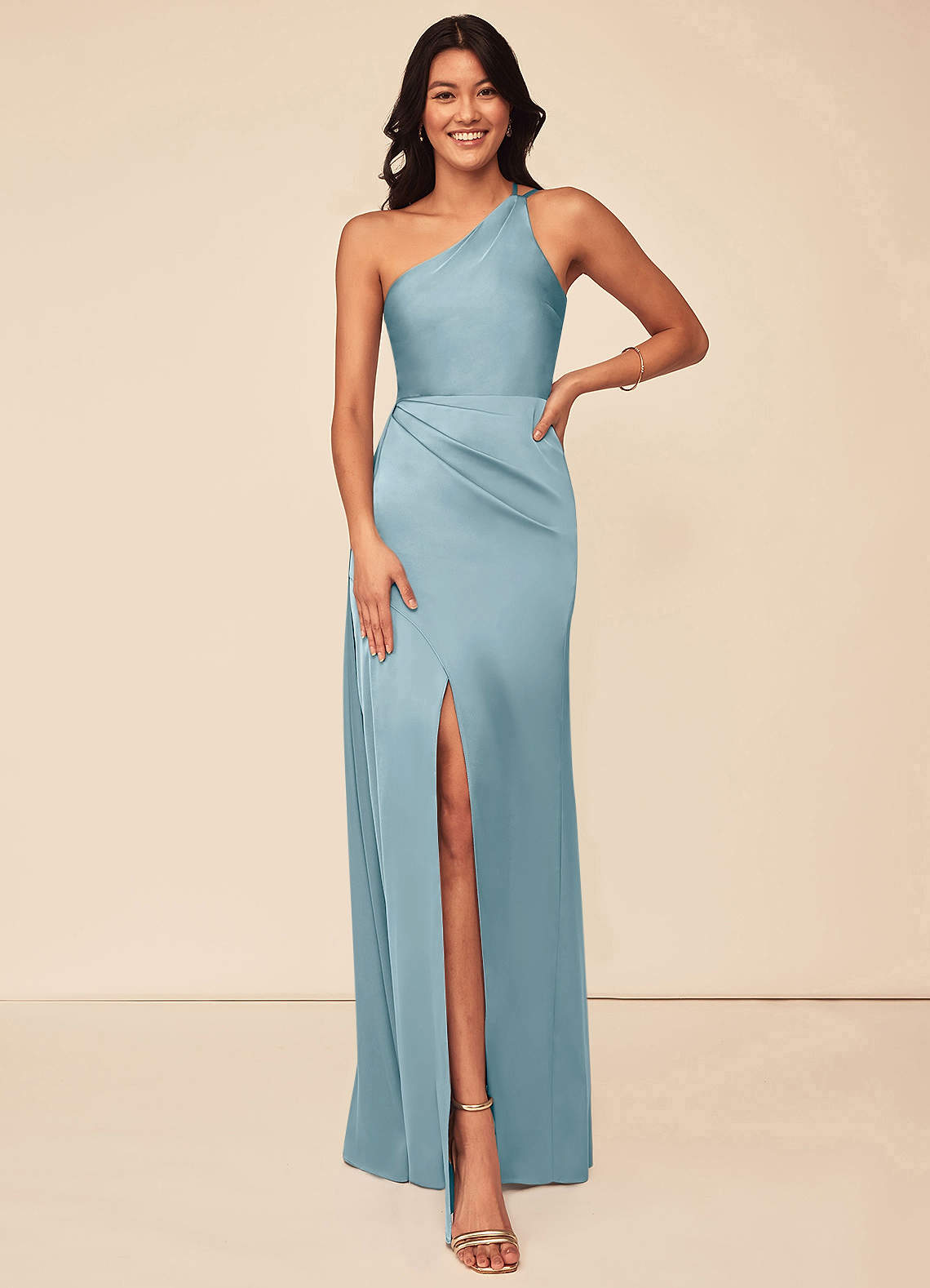 Azazie Maron Brautjungfernkleider A-Linie Eine Schulter Stretch-Satin Kleid Stimmungsvolles Blau image1