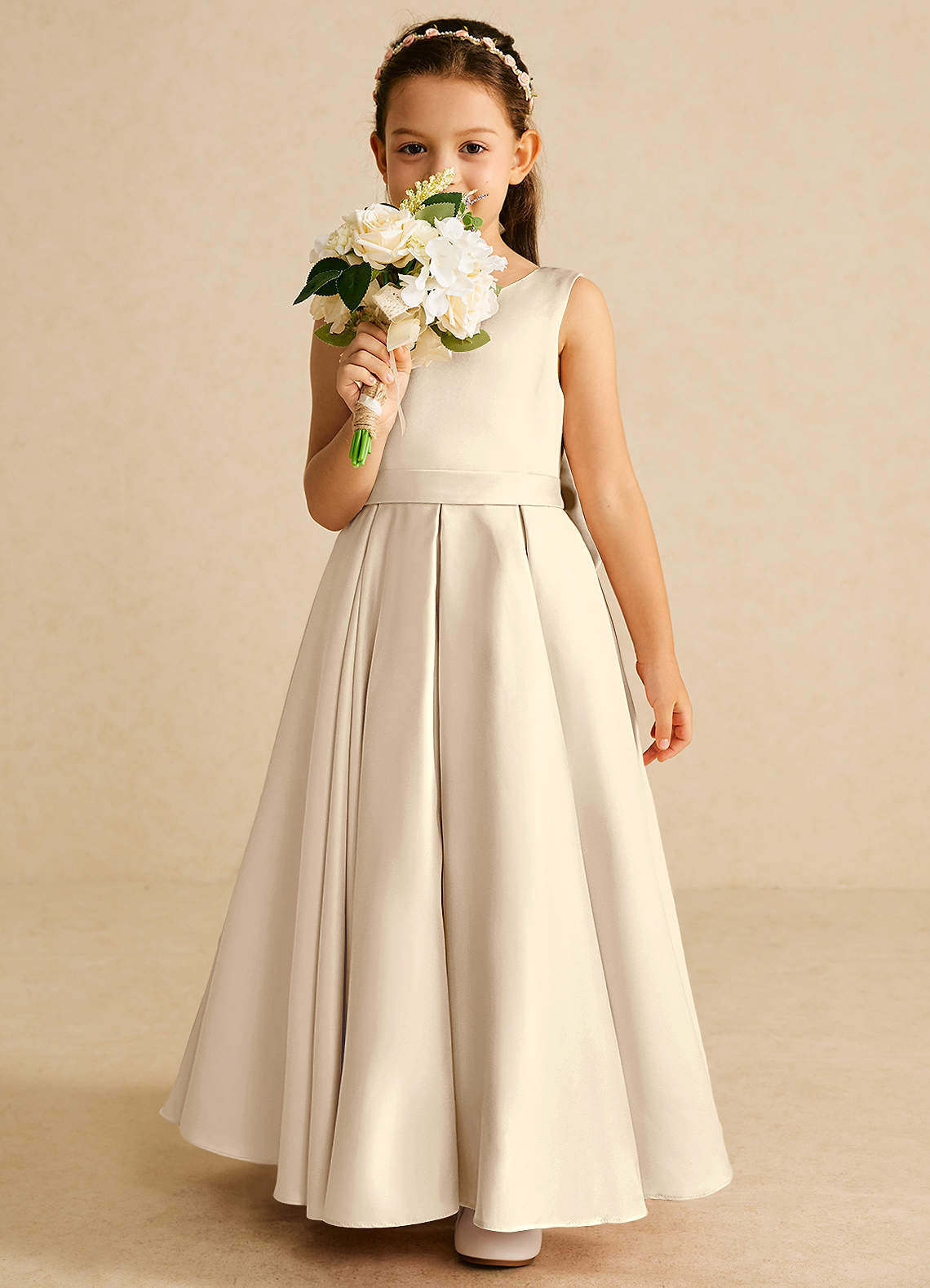 Azazie Pipsy Flower Girl Dresses Champagne A-Line Bow Matte Satin Dress image4