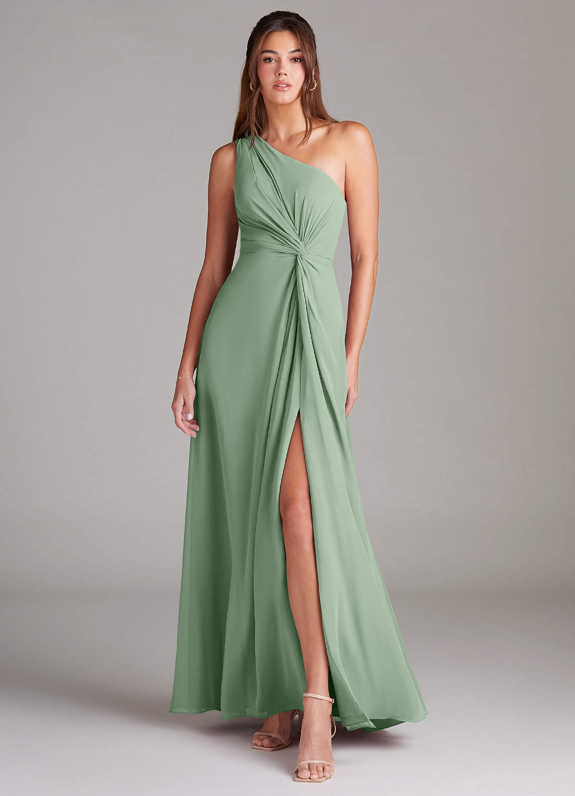 Azazie Brooke Bridesmaid Dresses Matcha A-Line One Shoulder Chiffon Dress image1
