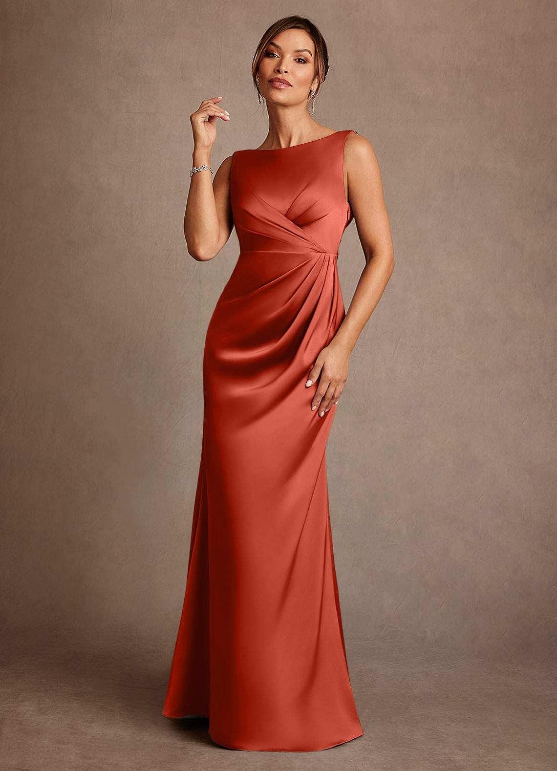 Azazie Baltimore Moeder van de bruid jurken A-Lijn Jurk van Stretch Satijn Geplooid Roest image1