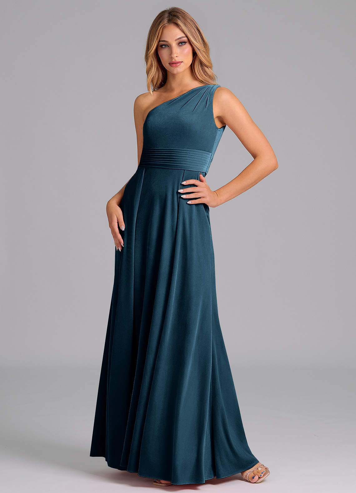 Azazie Dallas Bridesmaid Dresses Blue Topaz A-Line One Shoulder Velvet Dress image1