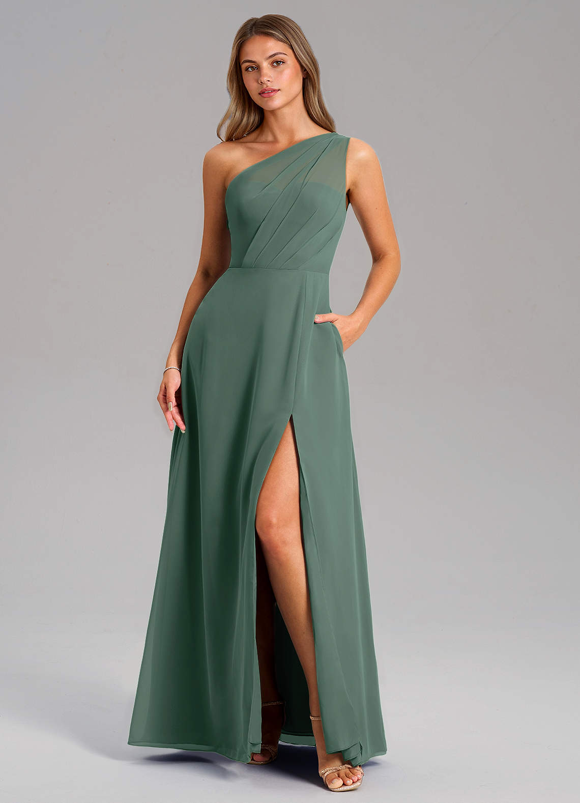 Azazie Phaedra Bridesmaid Dresses Sea Moss A-Line One Shoulder Chiffon Dress image1
