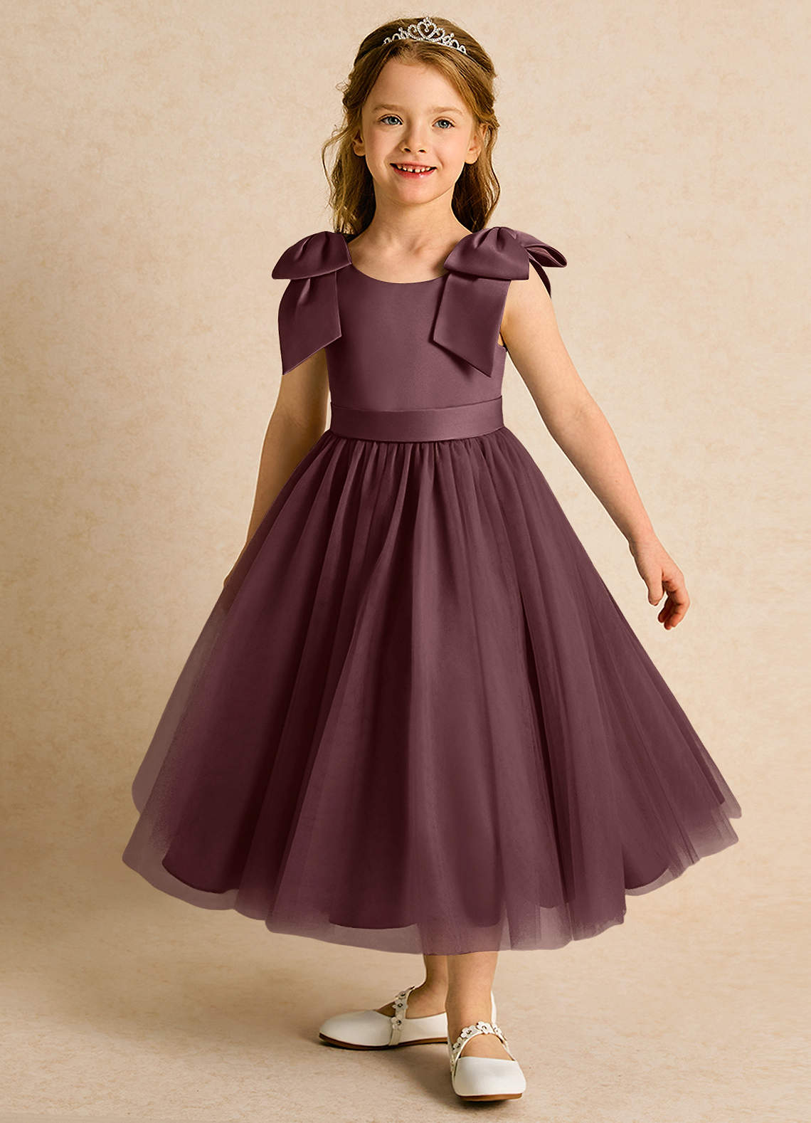 Azazie Serene Flower Girl Dresses Sangria Ball-Gown Bow Matte Satin Dress image1